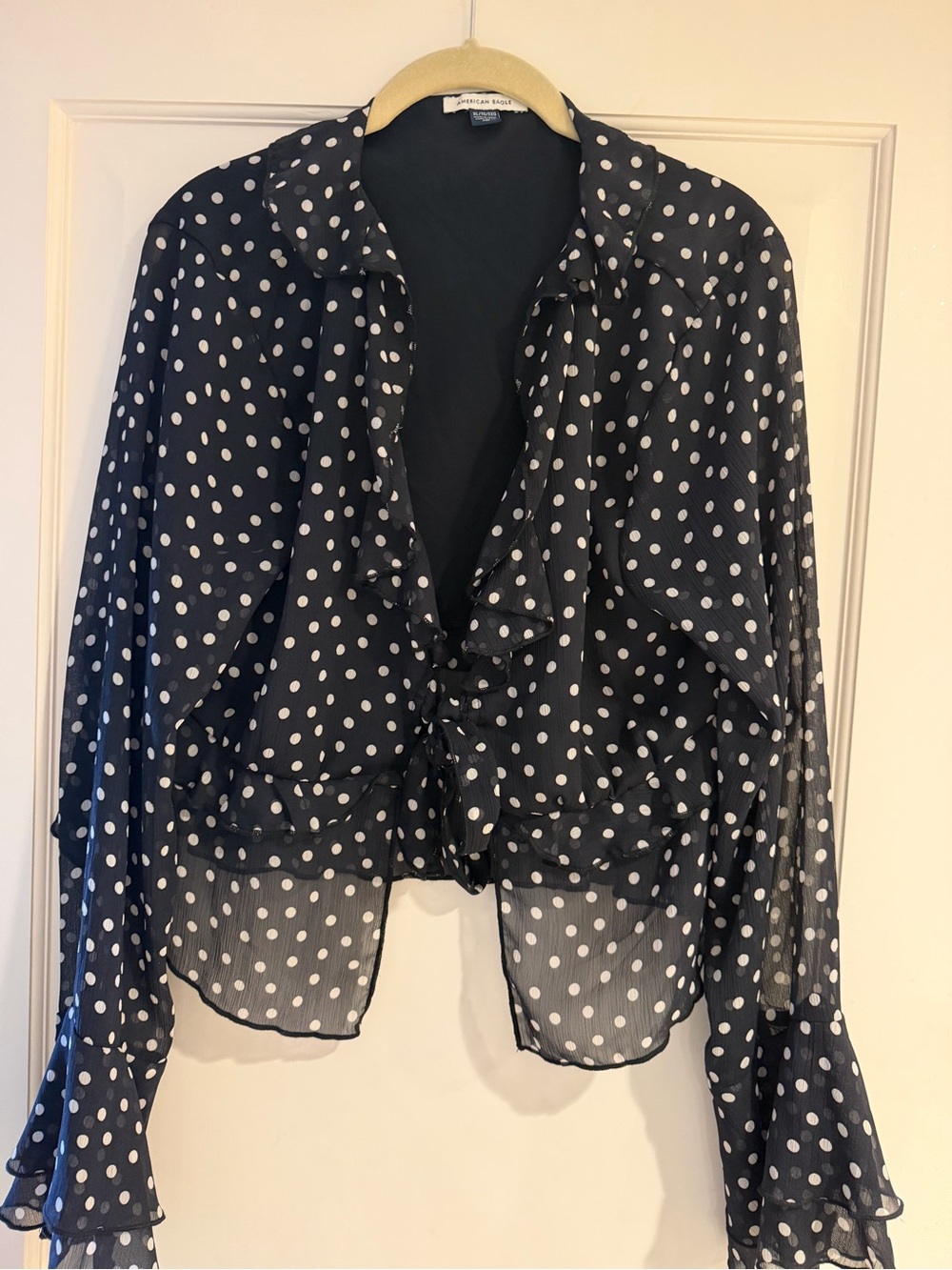 American Eagle Outfitters Navy and White Polka Dot Ruffle Tie-Front Blouse